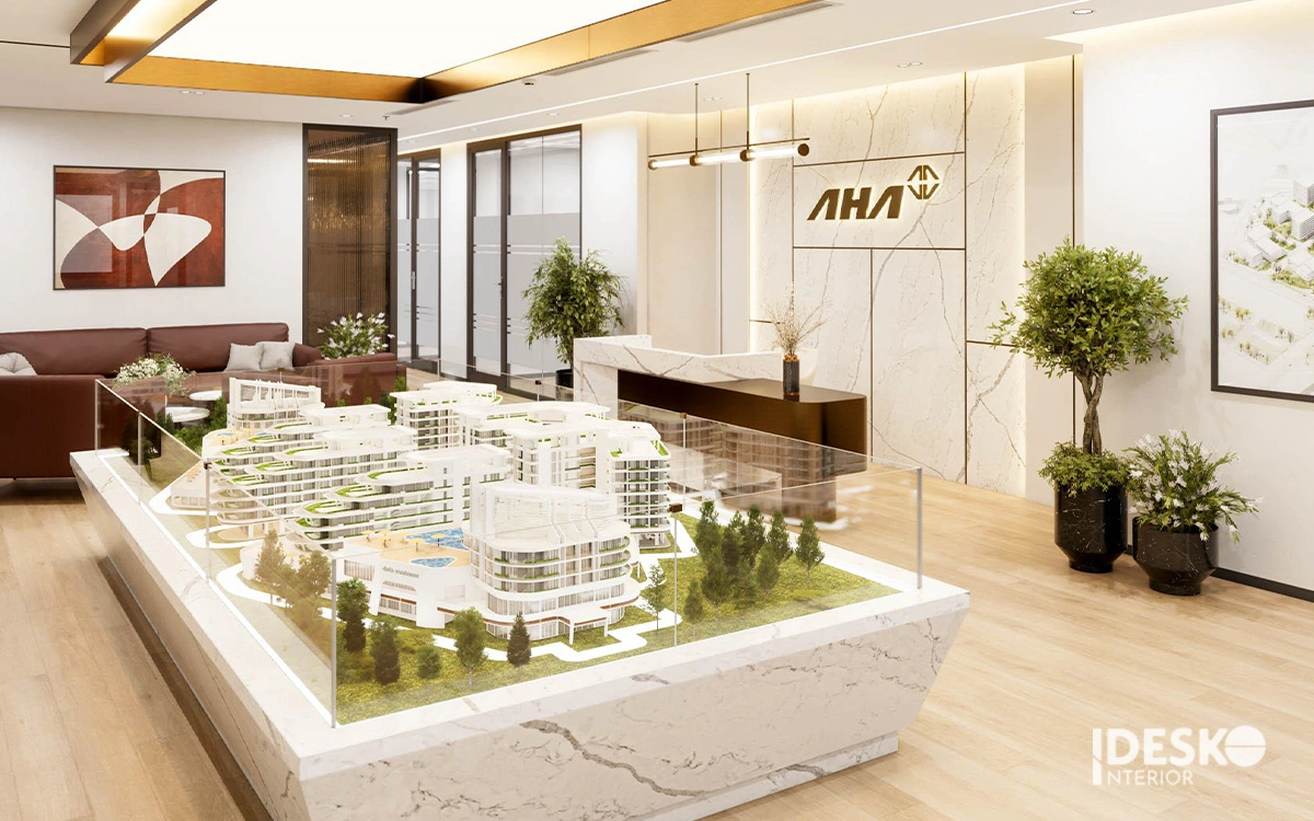 Không gian tiếp đón hiện đại với khu trưng bày mô hình dự án và thiết kế sang trọng, chuyên nghiệp