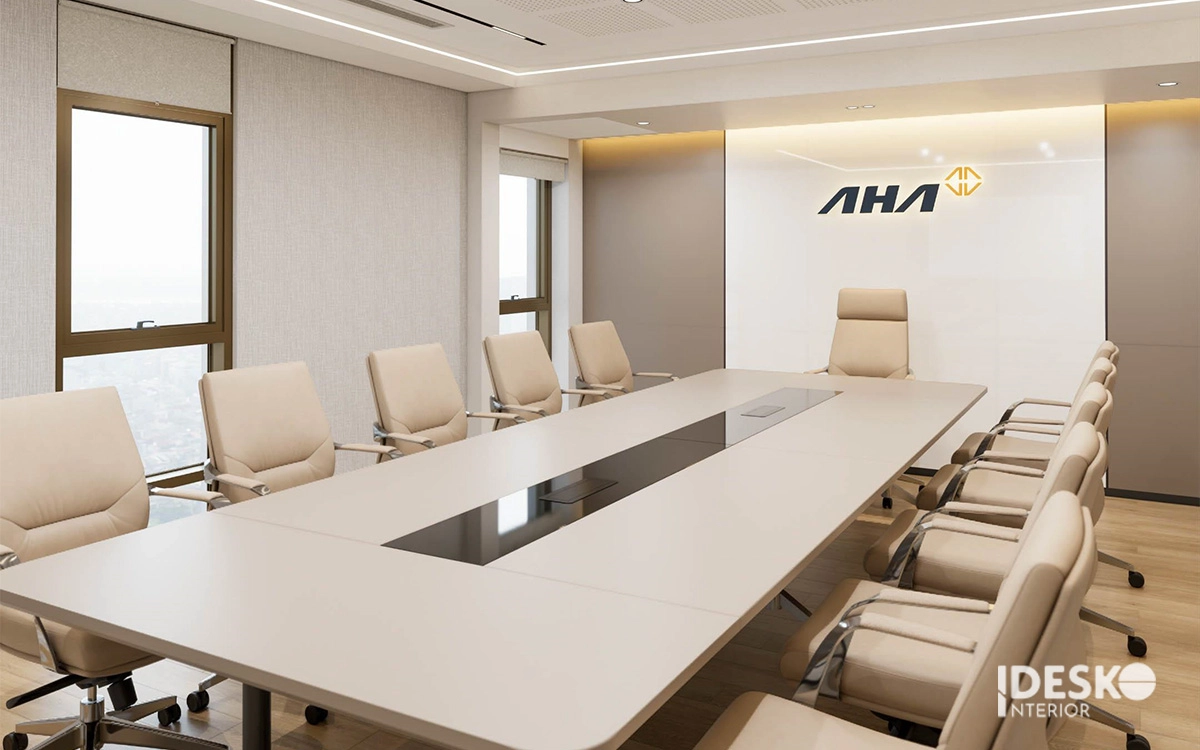 Phòng họp hiện đại với bàn lớn trung tâm, ghế da đồng bộ và không gian trang nhã, chuyên nghiệp