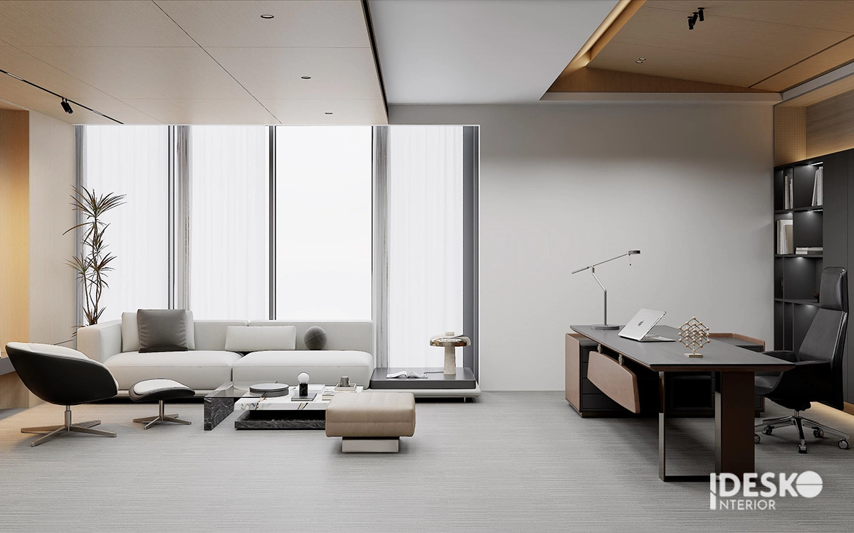 Phòng giám đốc hiện đại với nội thất tinh gọn, gam màu trầm ấm và không gian tiếp khách sang trọng