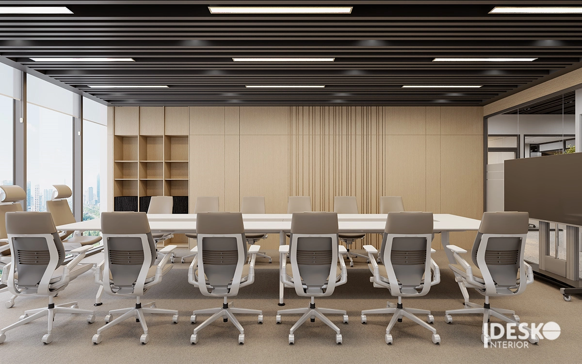 Phòng họp hiện đại với bàn dài trung tâm, trần nan đen nổi bật và nội thất đồng bộ, tinh gọn