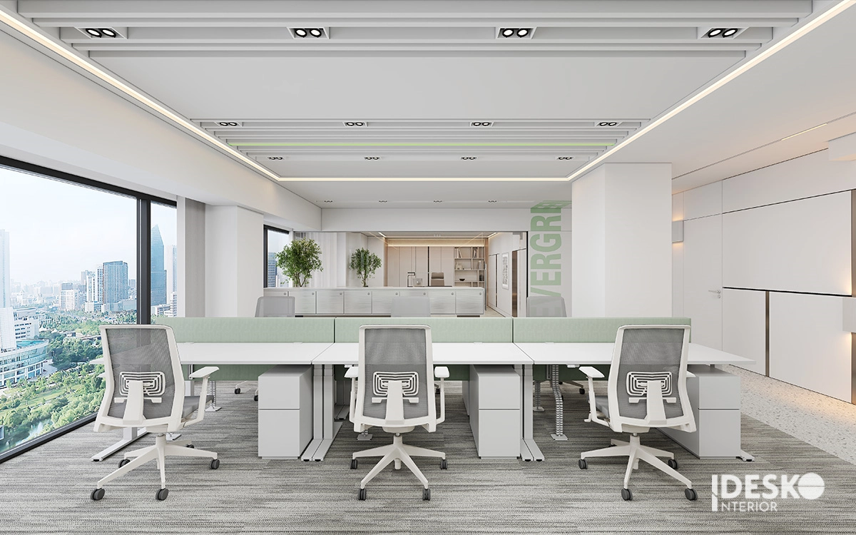Mẫu văn phòng đẹp với tông màu sáng, bàn làm việc tinh gọn và không gian mở ngập ánh sáng tự nhiên