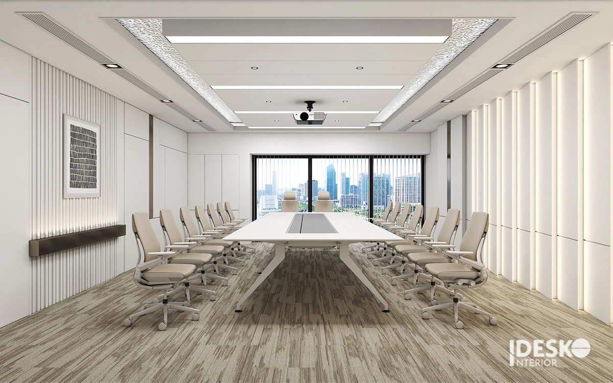 Mẫu văn phòng đẹp với phòng họp cao cấp, thiết kế tối giản, ánh sáng tinh tế và tầm nhìn rộng ra bên ngoài