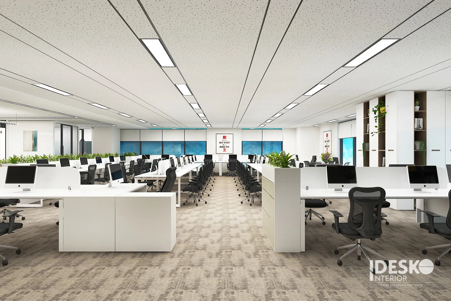 Không gian làm việc mở với dãy bàn liền mạch, ánh sáng đồng đều và bố cục hiện đại, ngăn nắp