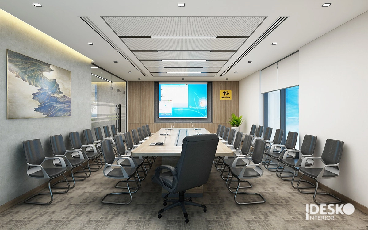 Phòng họp hiện đại với bàn dài trung tâm, hệ trần phẳng tinh gọn và bố cục sang trọng, chuyên nghiệp