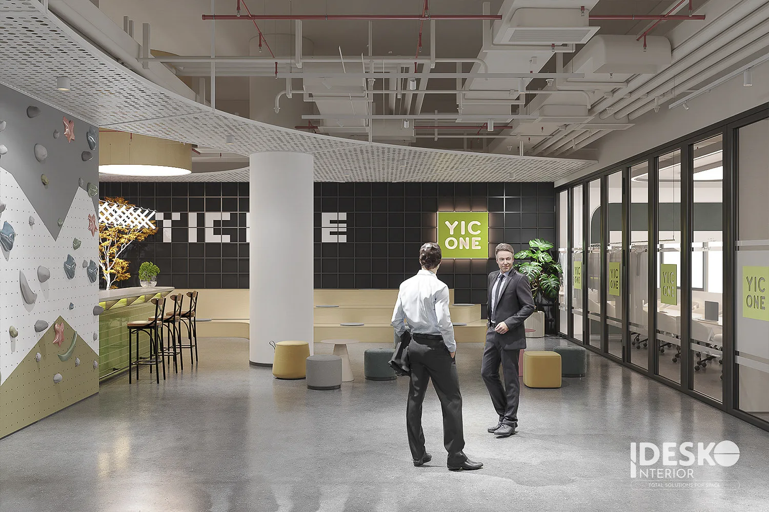 Khu sảnh hiện đại với thiết kế mở, trần kỹ thuật nổi bật và điểm nhấn thương hiệu đầy cá tính