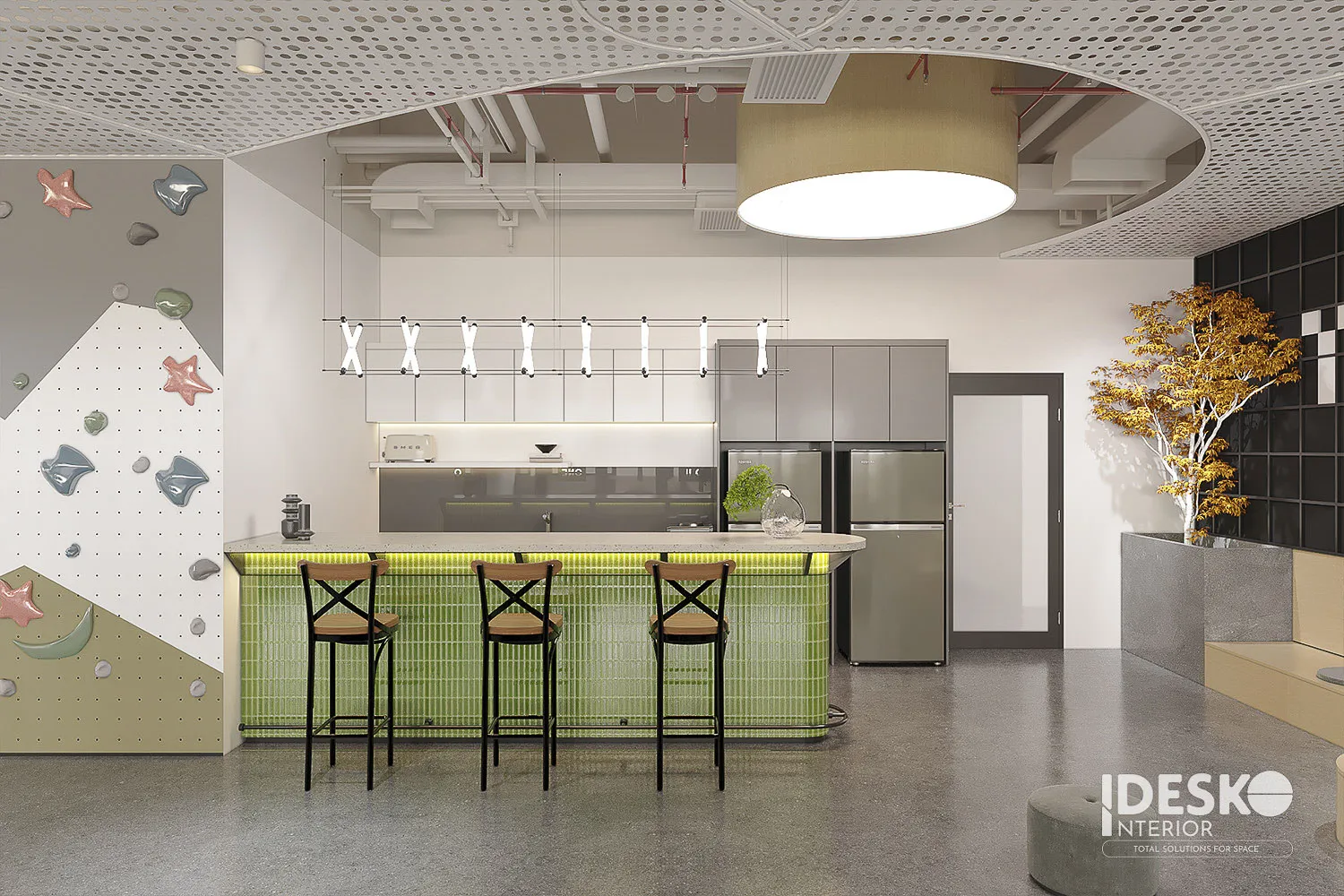 Khu pantry hiện đại với quầy bar xanh nổi bật, trần trang trí ấn tượng và không gian thư giãn đầy cảm hứng