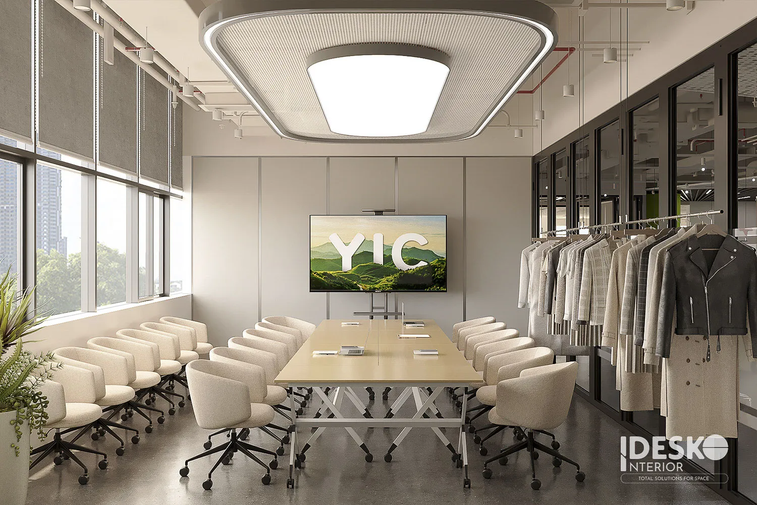 Phòng họp hiện đại kết hợp khu trưng bày sản phẩm, tông màu trung tính và bố cục tinh gọn, thanh lịch