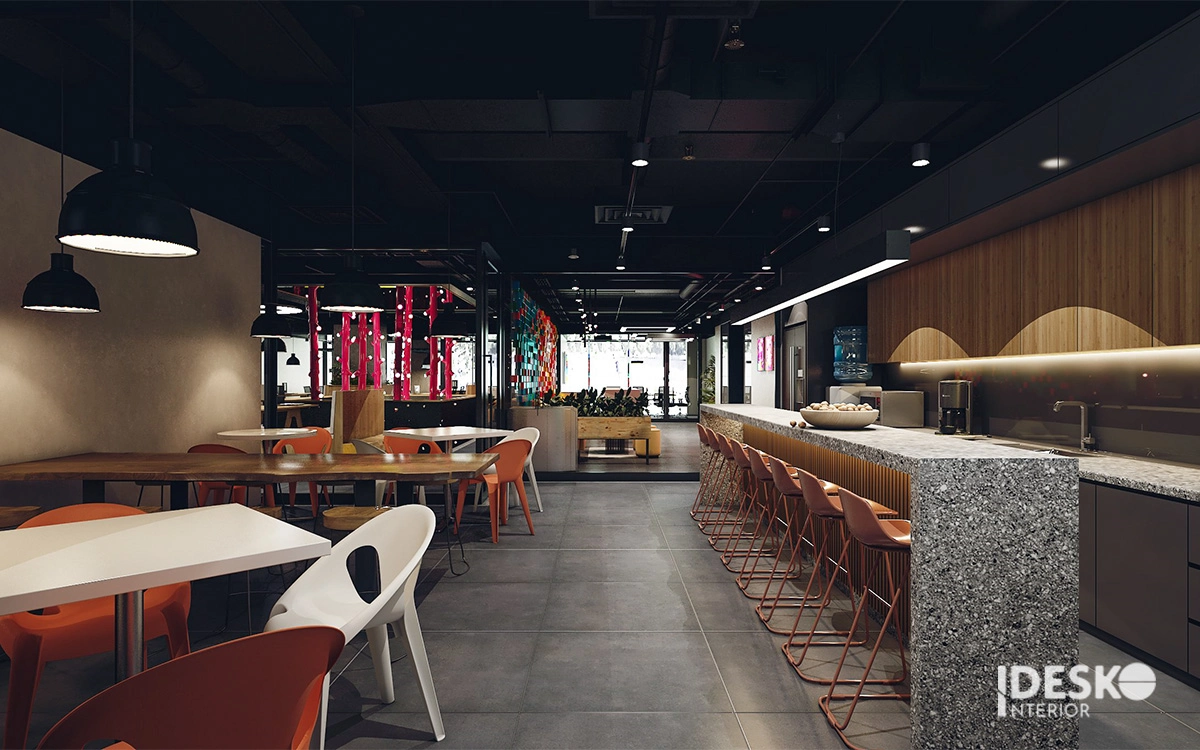 Mẫu văn phòng đẹp phong cách công nghiệp với trần mở, vật liệu thô và khu pantry hiện đại kết hợp thư giãn