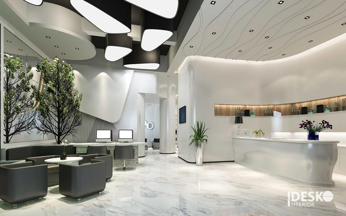 Mẫu văn phòng đẹp phong cách sang trọng với sảnh lễ tân ấn tượng, vật liệu cao cấp và thiết kế uốn cong tinh tế