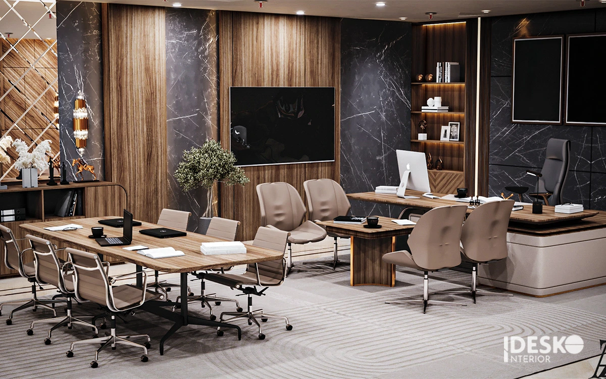 Phòng giám đốc sang trọng với gỗ vân đẹp, đá tối màu và khu tiếp khách làm việc được bố trí đẳng cấp