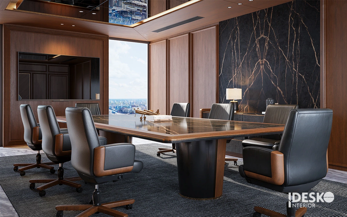 Phòng họp cao cấp với bàn đá sang trọng, ghế da bề thế và bảng màu trầm tạo cảm giác quyền uy