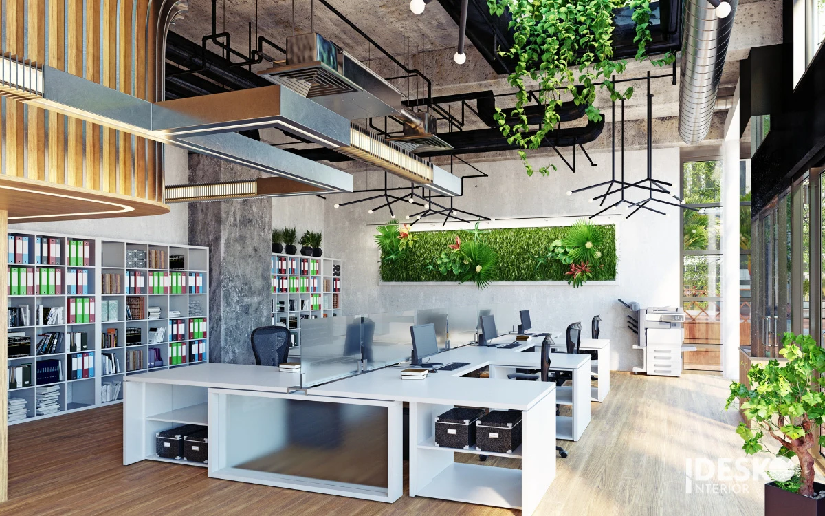 Mẫu văn phòng đẹp phong cách xanh với mảng cây treo, tường xanh nổi bật và không gian làm việc gần gũi thiên nhiên