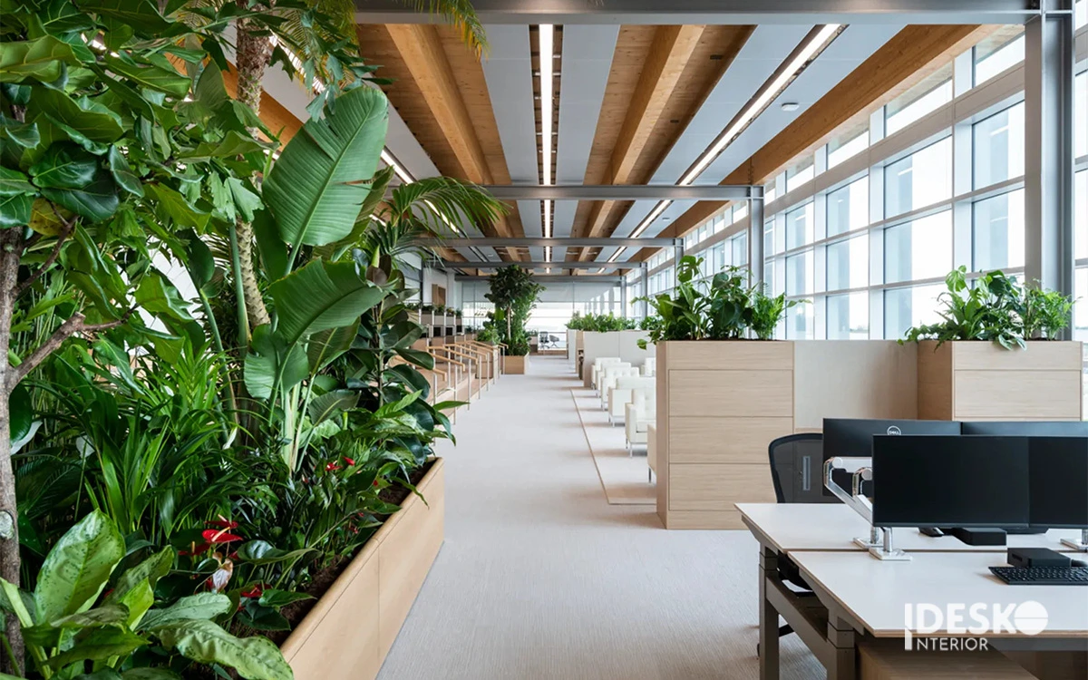 Không gian làm việc phong cách xanh với cây nội thất bố trí dày, ánh sáng tự nhiên và lối đi thoáng rộng