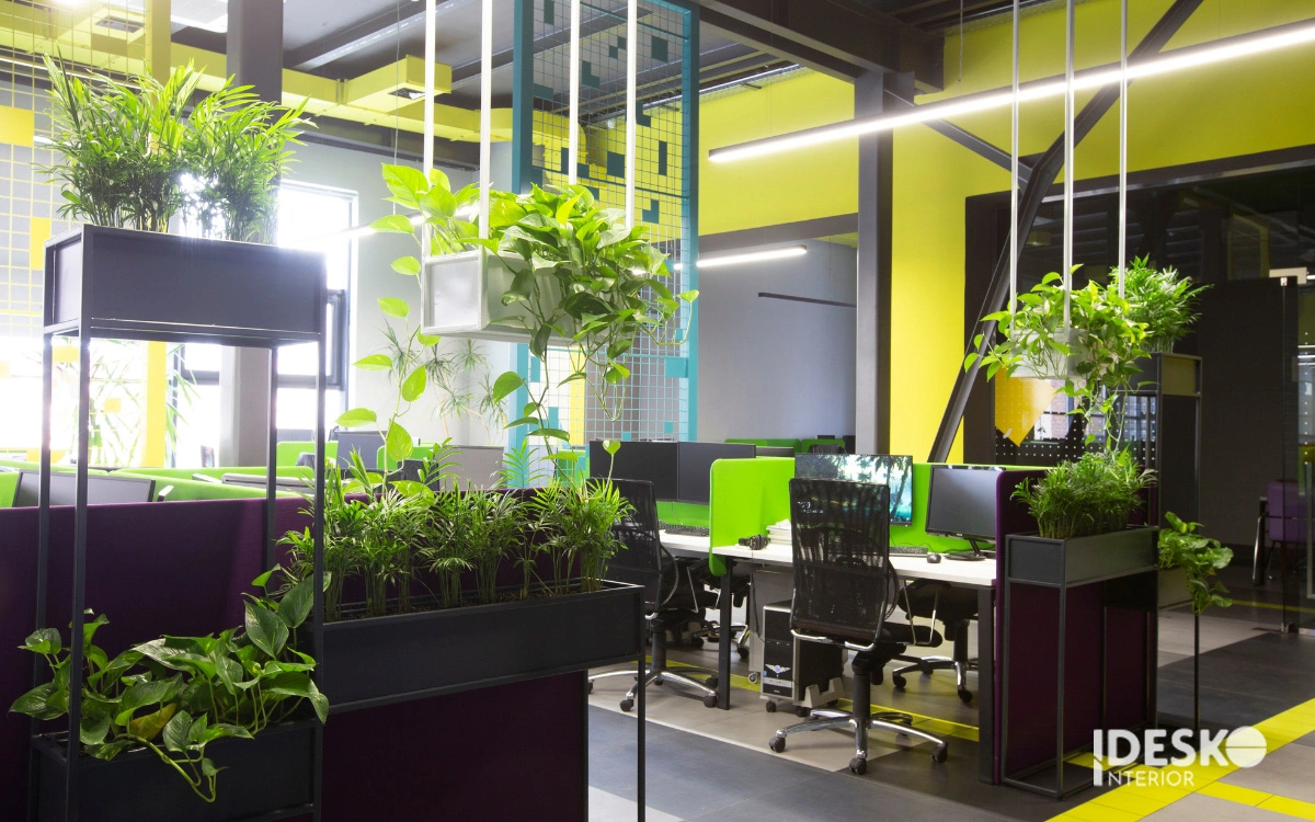 Mẫu văn phòng đẹp phong cách xanh với cây trang trí phân lớp, bảng màu tươi sáng và không gian làm việc tràn sức sống
