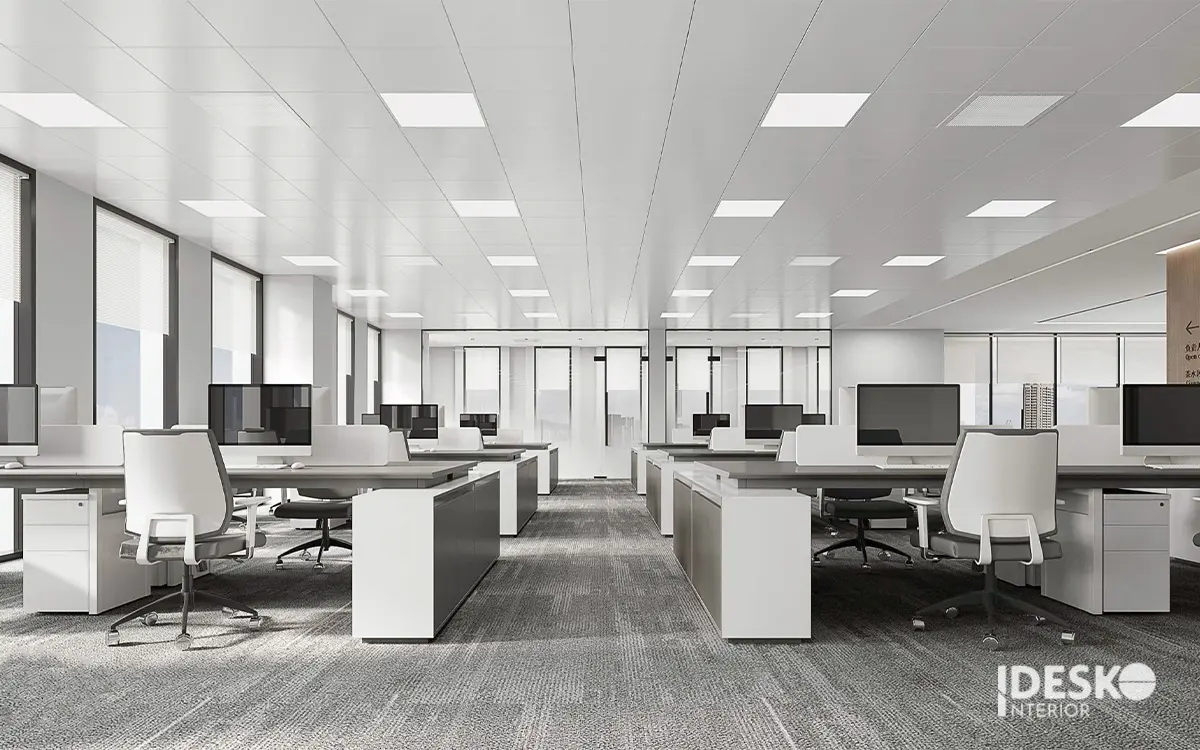 Mẫu thiết kế văn phòng 300m2 tối giản với bố cục gọn gàng, màu trung tính và không gian thoáng sáng