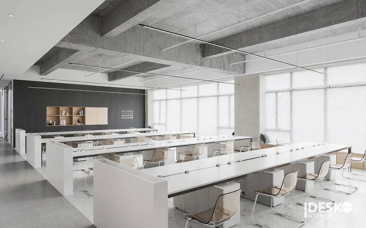 Mẫu thiết kế văn phòng 300m2 tối giản với đường nét gọn gàng, vật liệu thô mộc và không gian rộng thoáng