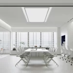 Không gian làm việc với tường, trần nhà và nội thất màu trắng