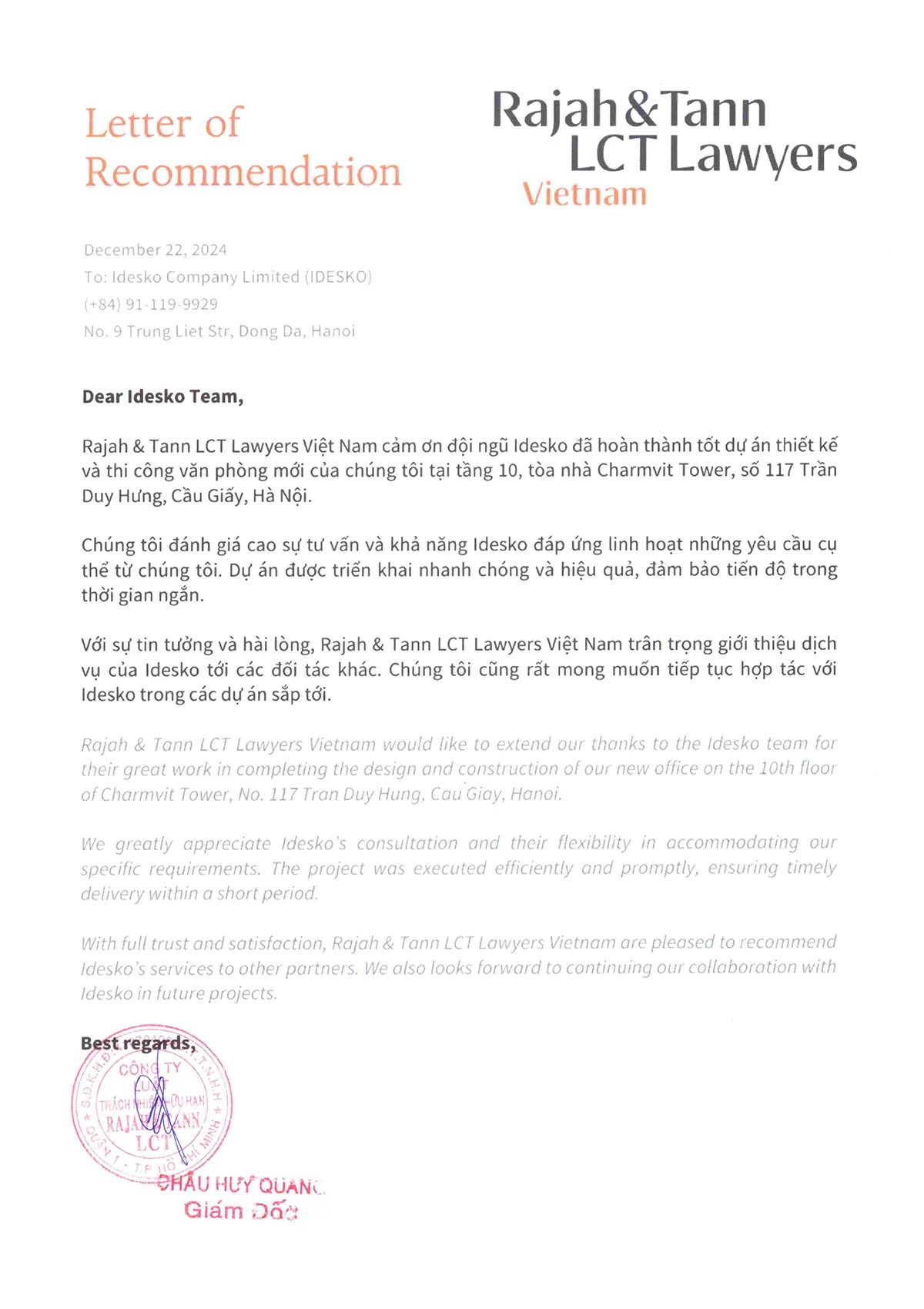 Thư giới thiệu từ Công ty Rajah & Tann Lawyer