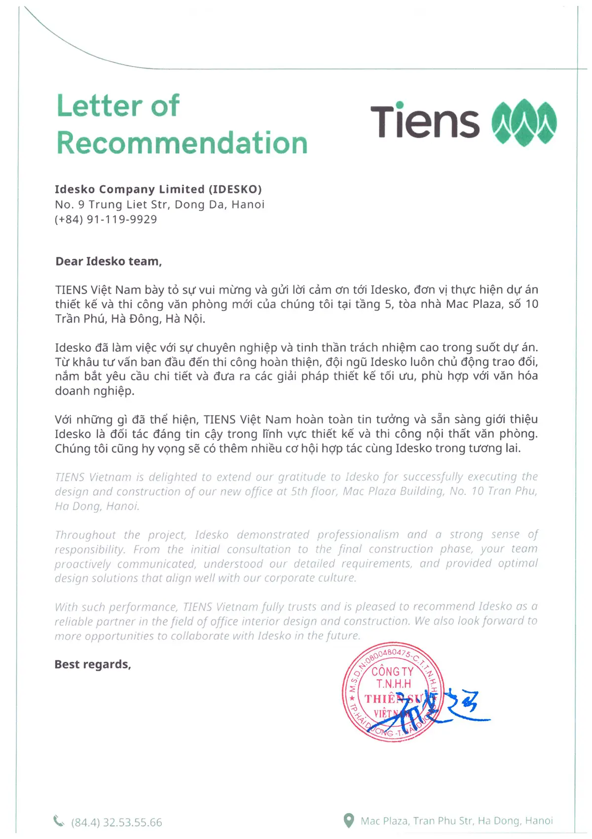 Thư giới thiệu từ Tiens Việt Nam