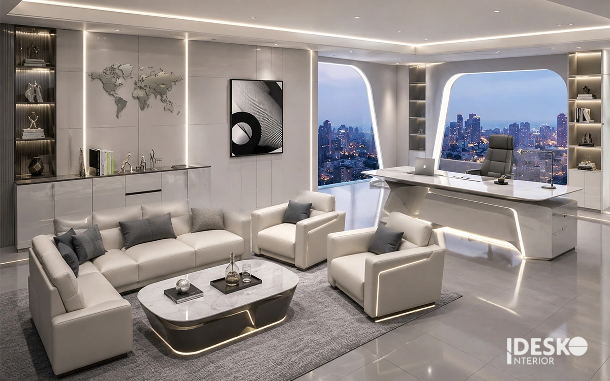 Thiết kế phòng giám đốc hiện đại nổi bật với nội thất bo cong và hệ đèn LED tinh tế