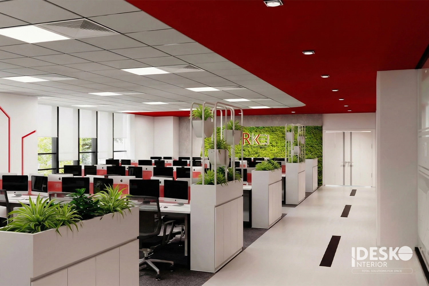 Không gian làm việc của Rikkei với bố cục mở, điểm nhấn đỏ trắng và mảng xanh tạo cảm giác năng động