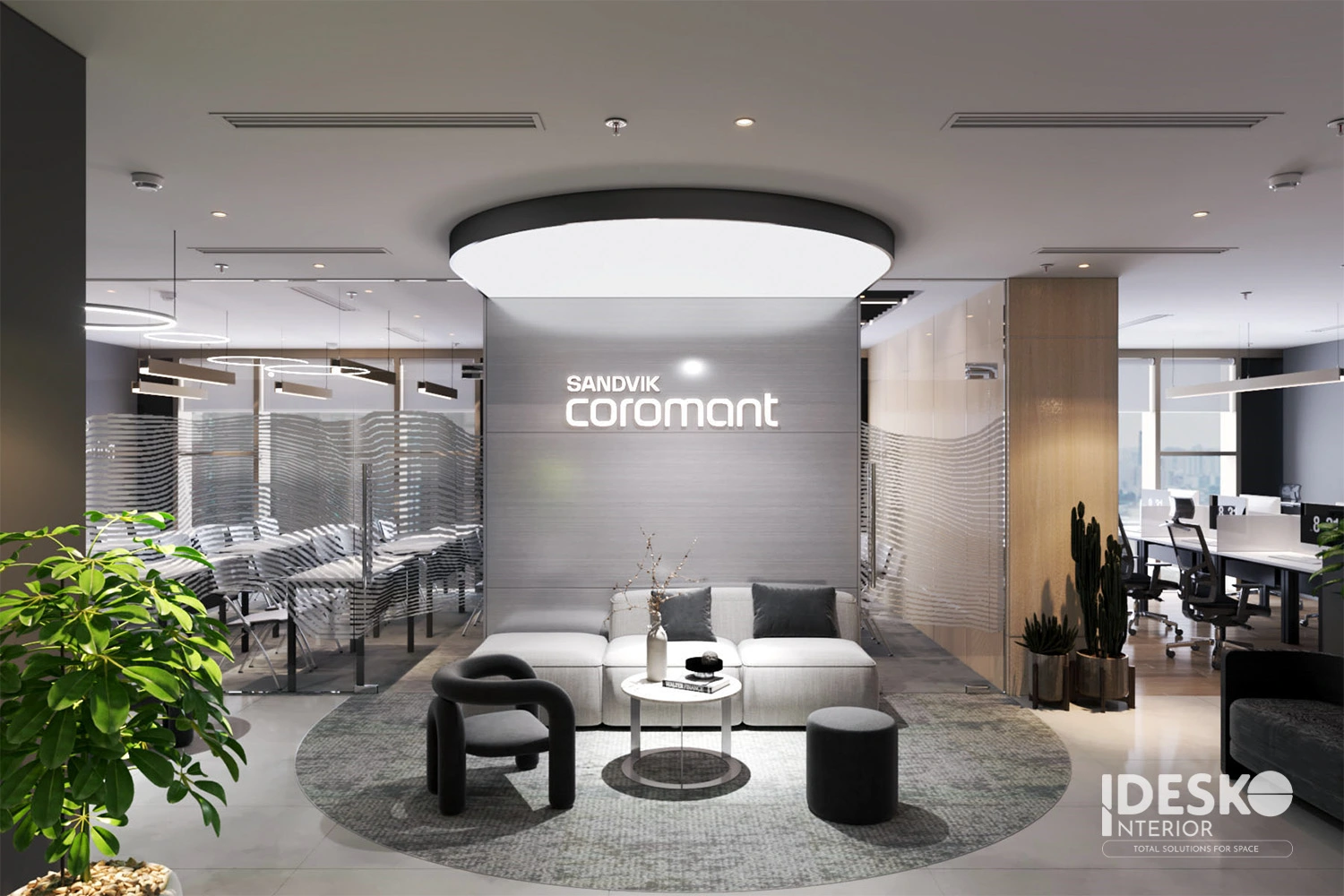 Khu tiếp khách của văn phòng Sandvik với thiết kế hiện đại, tông trung tính và cảm giác chuyên nghiệp, tinh gọn