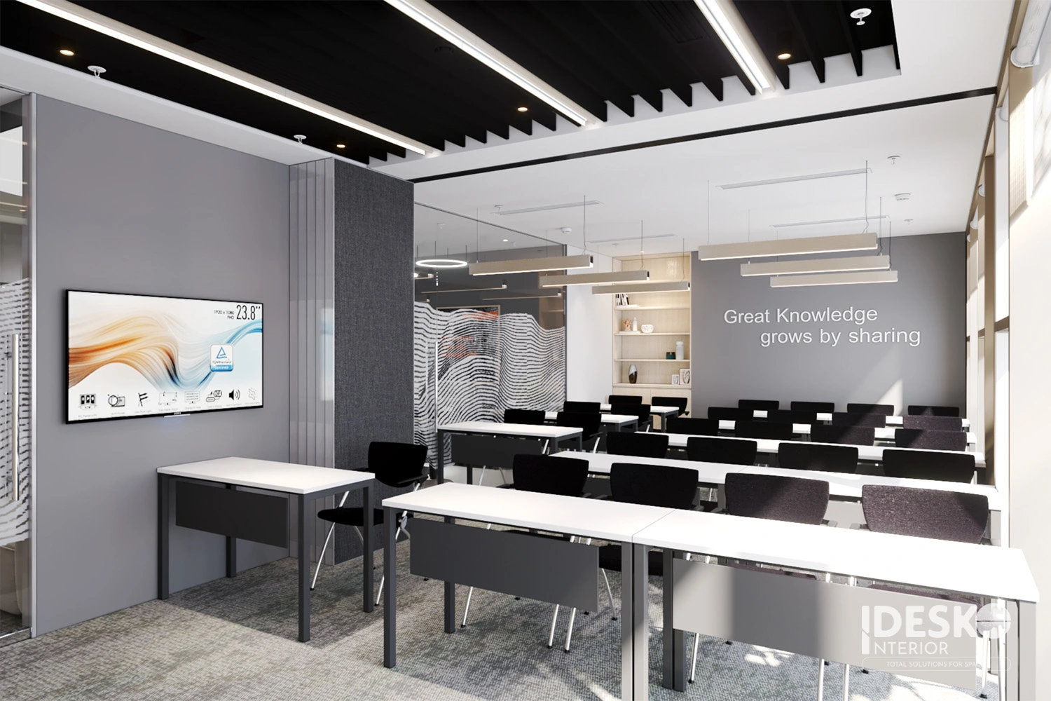 Phòng đào tạo của văn phòng Sandvik với bố cục rõ ràng, màn hình lớn và không gian học tập hiện đại