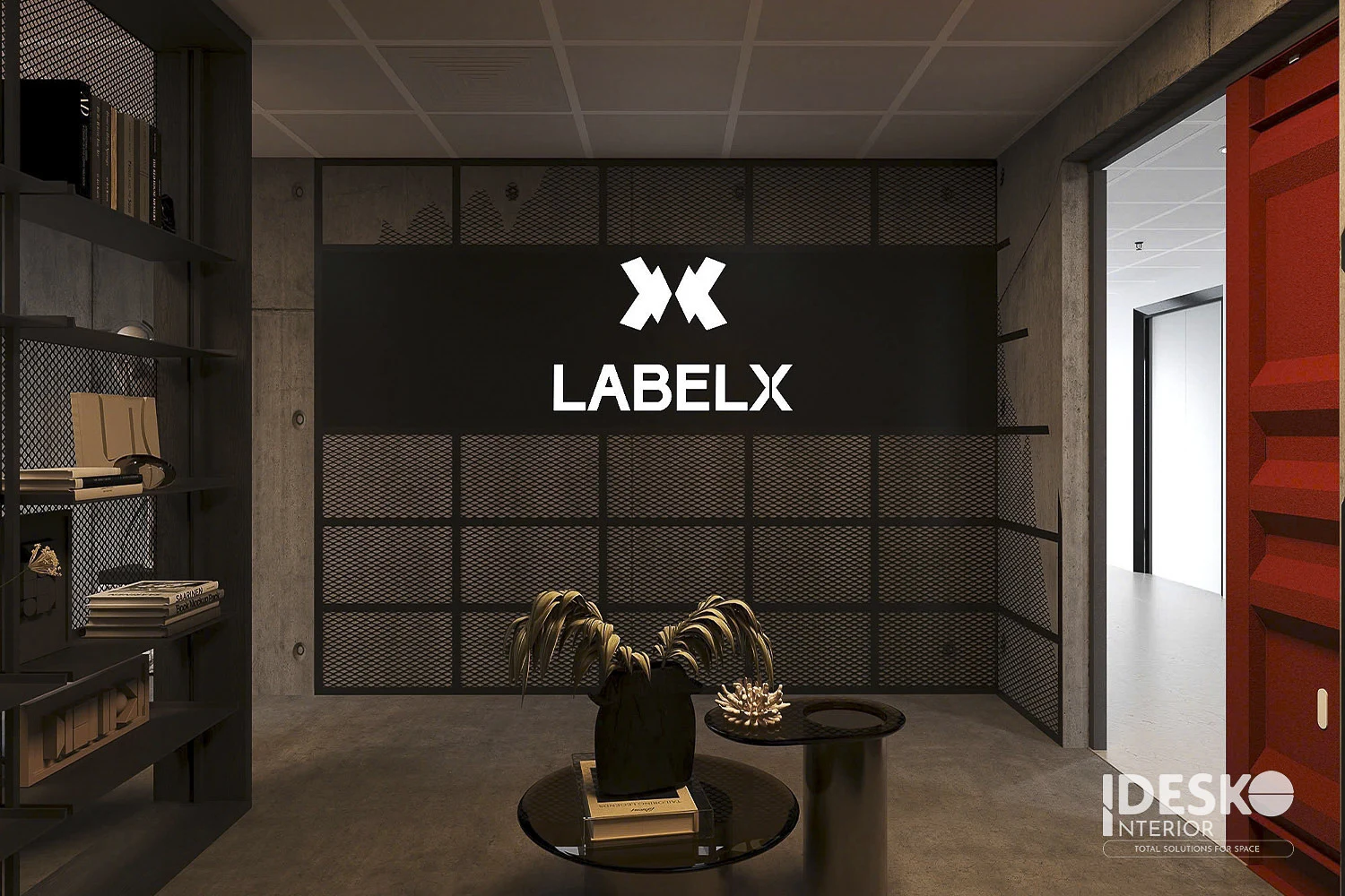 Thiết kế văn phòng công ty giải trí LabelX với tông màu tối, vật liệu mạnh và dấu ấn thương hiệu cá tính