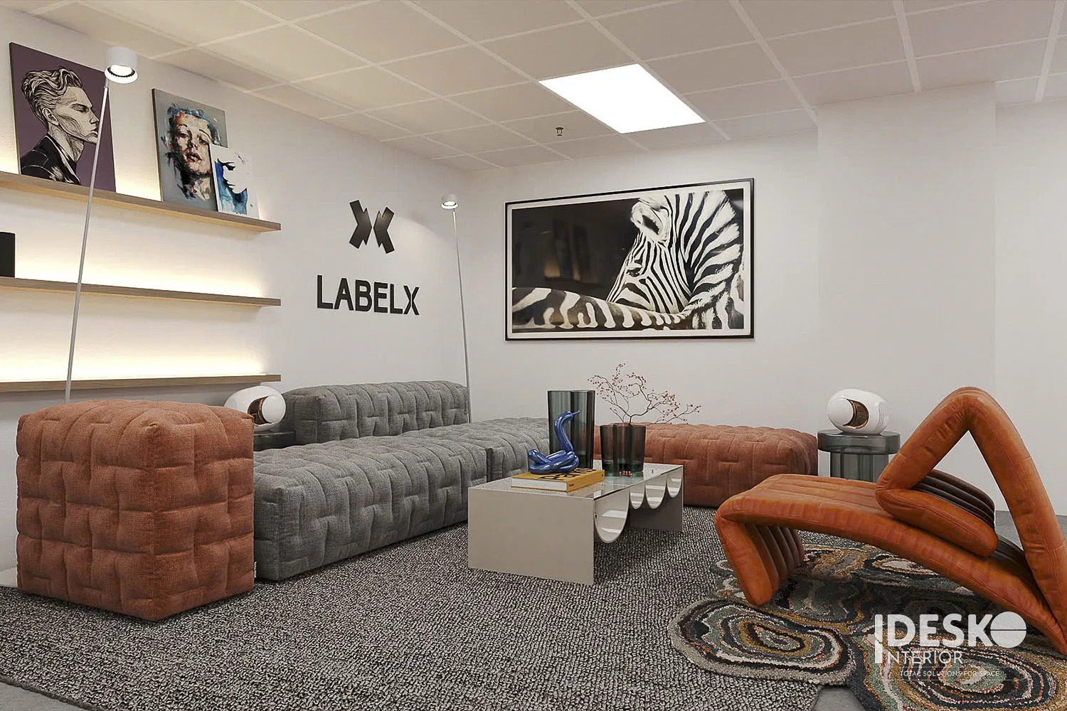 Khu lounge của văn phòng LabelX với nội thất độc đáo, tranh nghệ thuật và tinh thần sáng tạo rõ nét