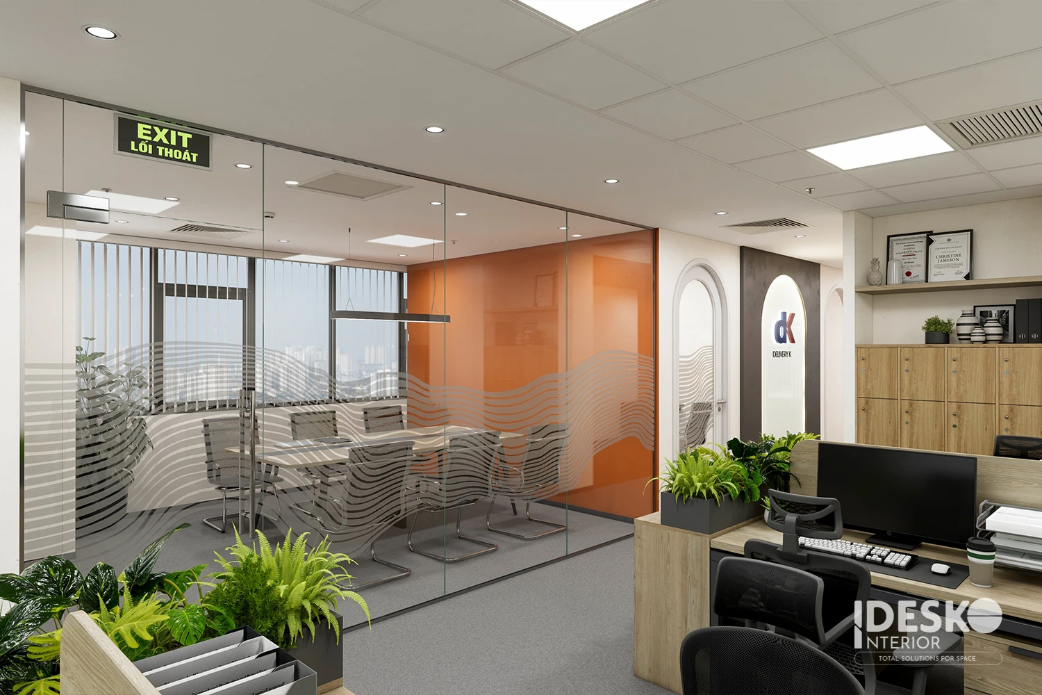 Thiết kế văn phòng công ty logistics Delivery K với điểm nhấn cam và bố cục gọn gàng, hiện đại