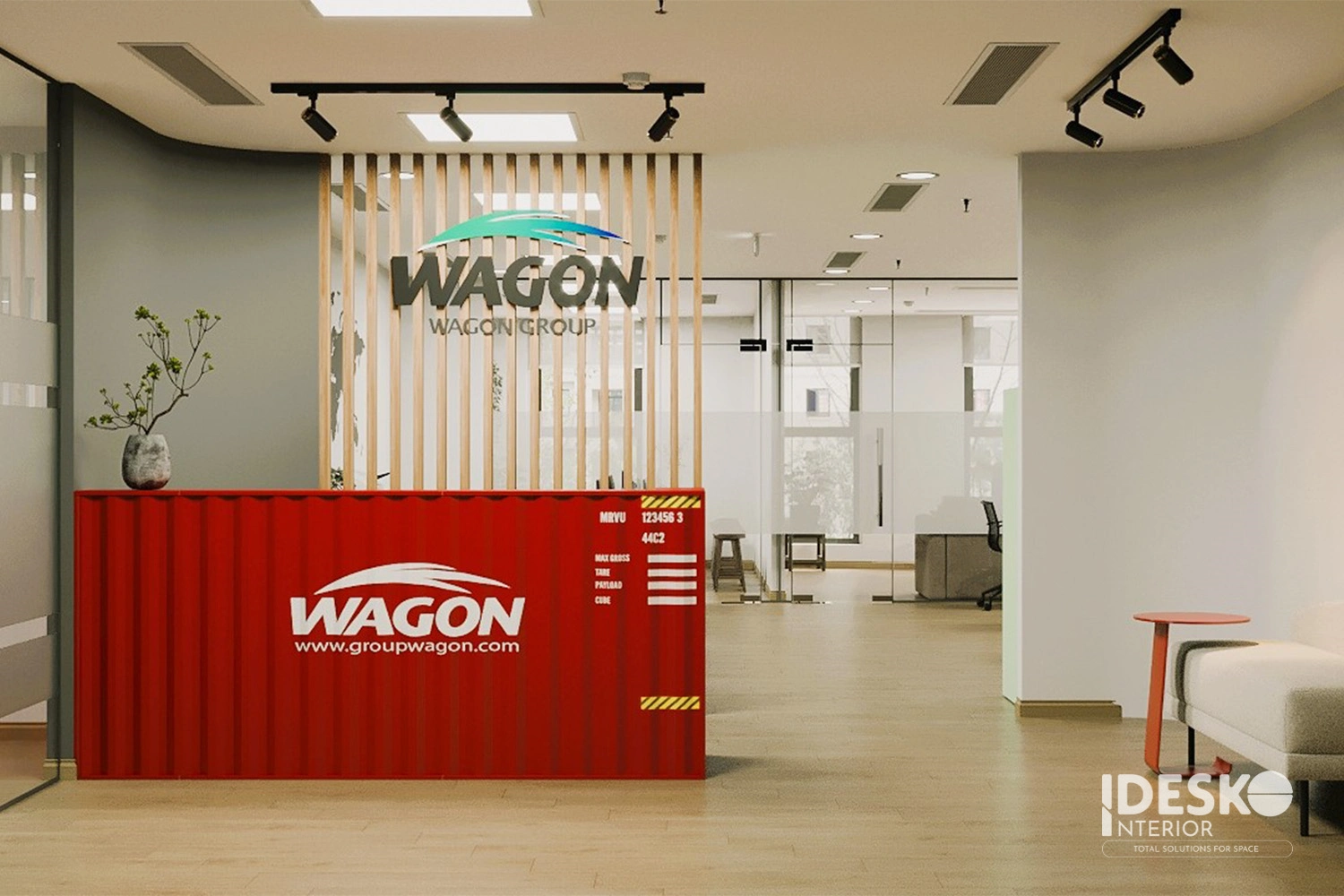 Khu lễ tân của văn phòng Trans Wagon nổi bật với quầy reception mô phỏng container đậm chất logistics