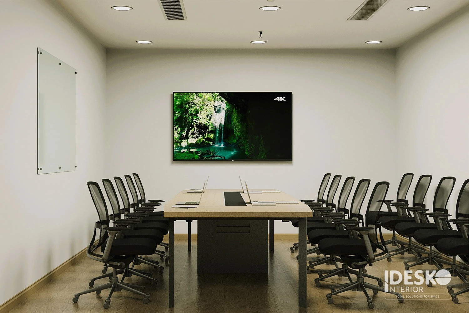 Thiết kế phòng họp với bàn dài trung tâm, màn hình lớn và bố cục tối giản, tập trung