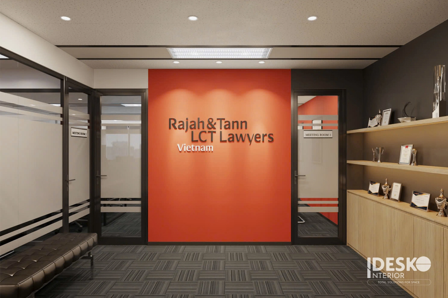 Sảnh đón của văn phòng công ty luật Rajah & Tann LCT Lawyers với nhận diện thương hiệu nổi bật và tổng thể chỉn chu, chuyên nghiệp