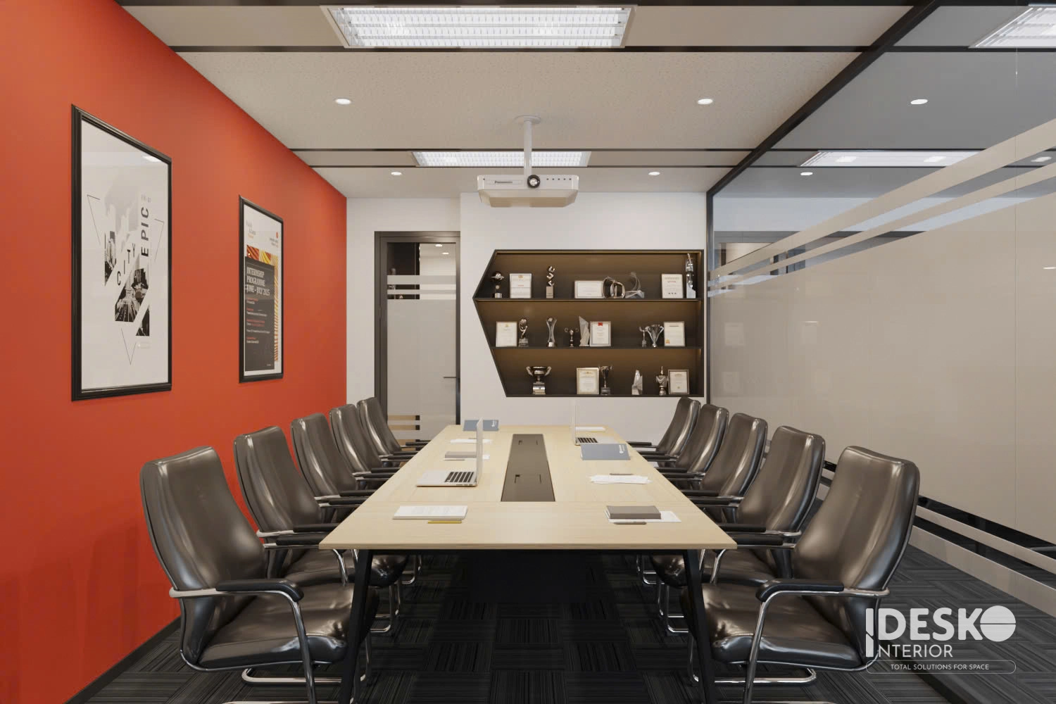 Thiết kế phòng họp với bàn dài, ghế da và không gian trang trọng, chuyên nghiệp
