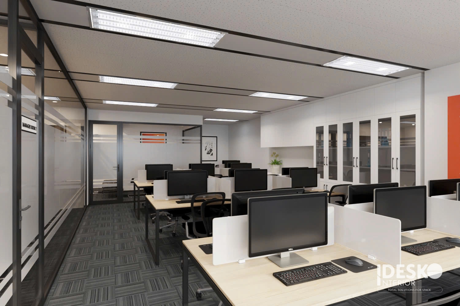 Khu làm việc của văn phòng công ty luật Rajah & Tann với bàn module gọn gàng và bố cục ngăn nắp, tập trung