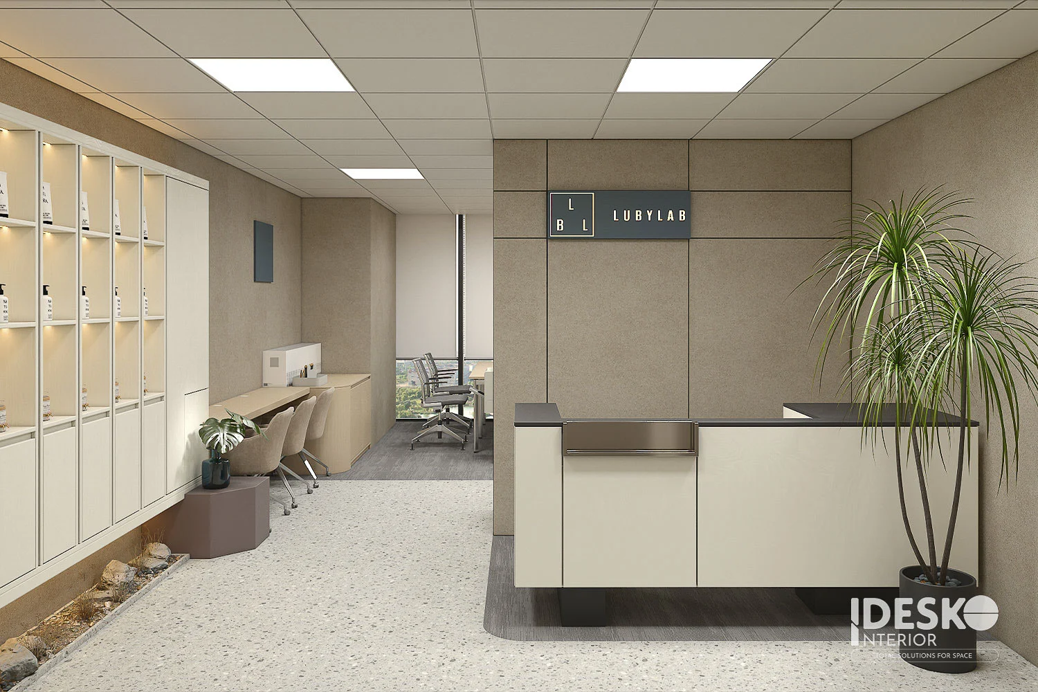 Khu lễ tân của văn phòng công ty mỹ phẩm Lubylab với tông màu trung tính, đường nét gọn gàng và cảm giác tinh tế