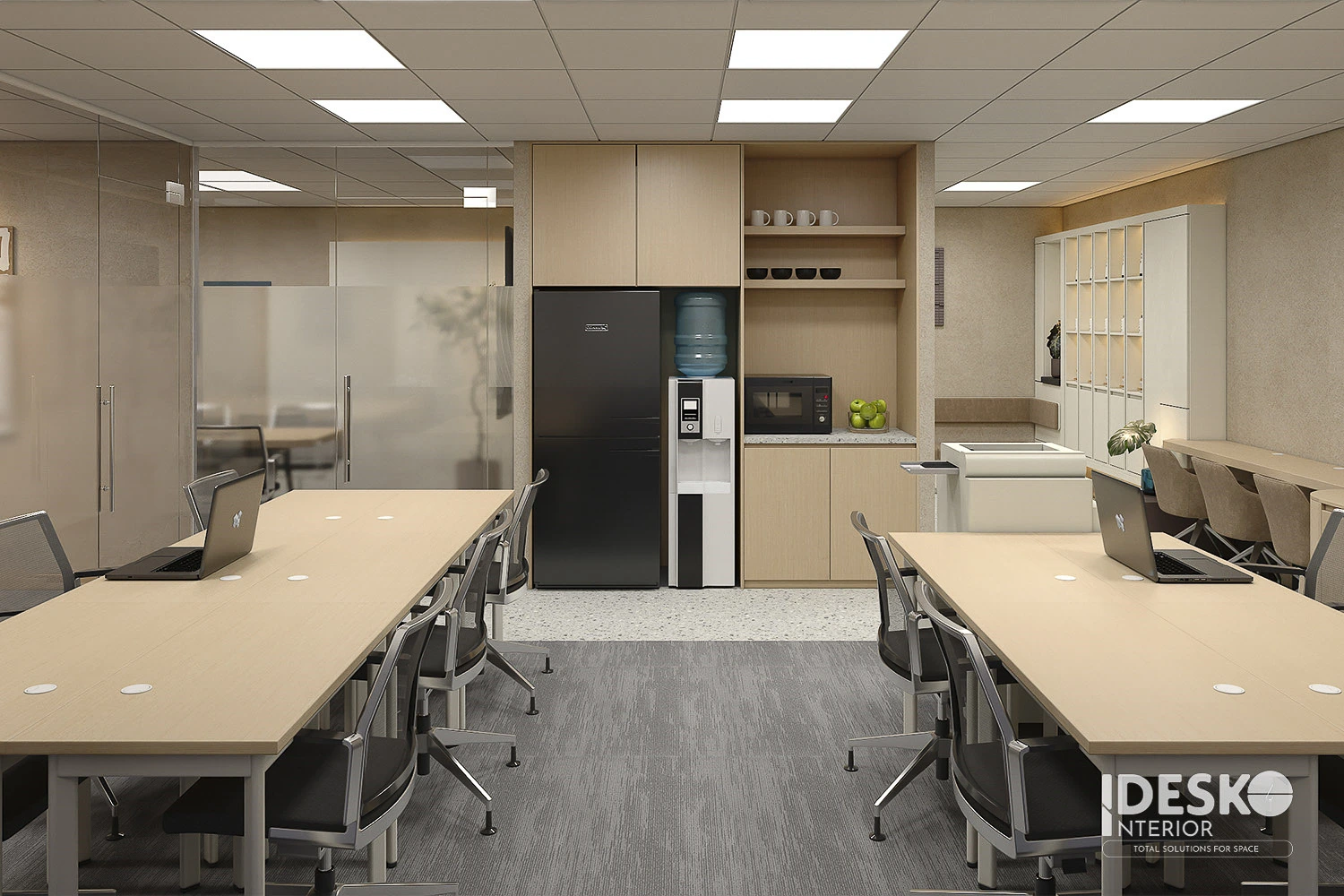 Không gian làm việc của văn phòng công ty Lubylab với bàn dài tối giản, tông màu nhẹ và bố cục gọn gàng