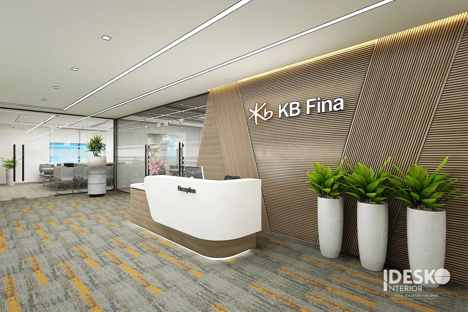 Thiết kế văn phòng công ty tài chính KB Fina với phong cách hiện đại, vật liệu gỗ kết hợp cây xanh tạo cảm giác thân thiện