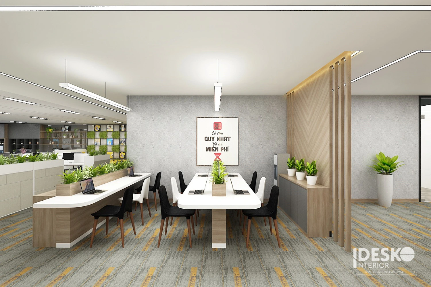 Khu làm việc nhóm của văn phòng KB Fina với bàn dài trung tâm, vách gỗ nhẹ và mảng xanh bố trí hài hòa