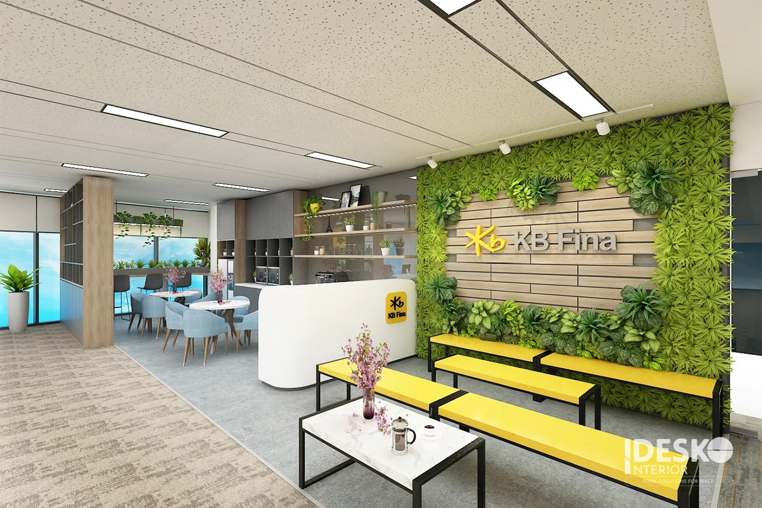 Khu tiếp khách của KB Fina với mảng xanh nổi bật, điểm nhấn vàng thương hiệu và cảm giác thân thiện, hiện đại