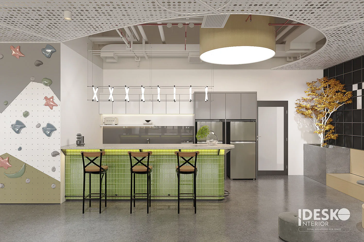 Khu pantry của văn phòng Yic One với quầy bar xanh nổi bật và phong cách trẻ trung, cá tính