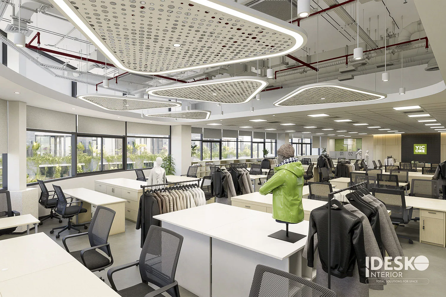 Không gian làm việc của văn phòng công ty thời trang Yic One kết hợp khu trưng bày sản phẩm và bố cục mở đậm chất sáng tạo