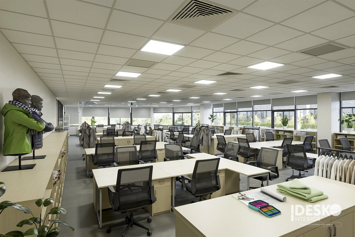 Không gian làm việc của văn phòng Yic One với bố cục mở, bàn module rộng và khu trưng bày sản phẩm xen kẽ