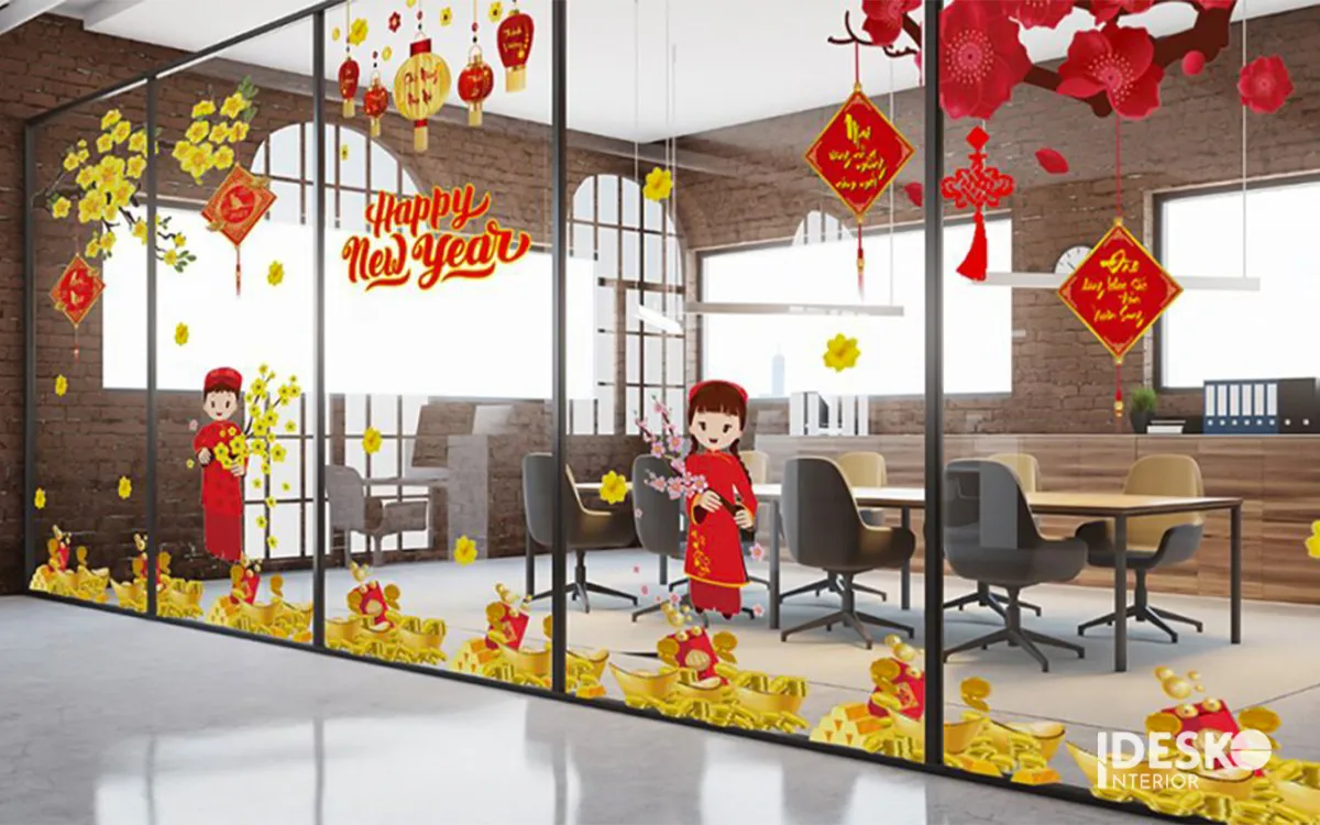 Trang trí Tết văn phòng bằng decal dán kính