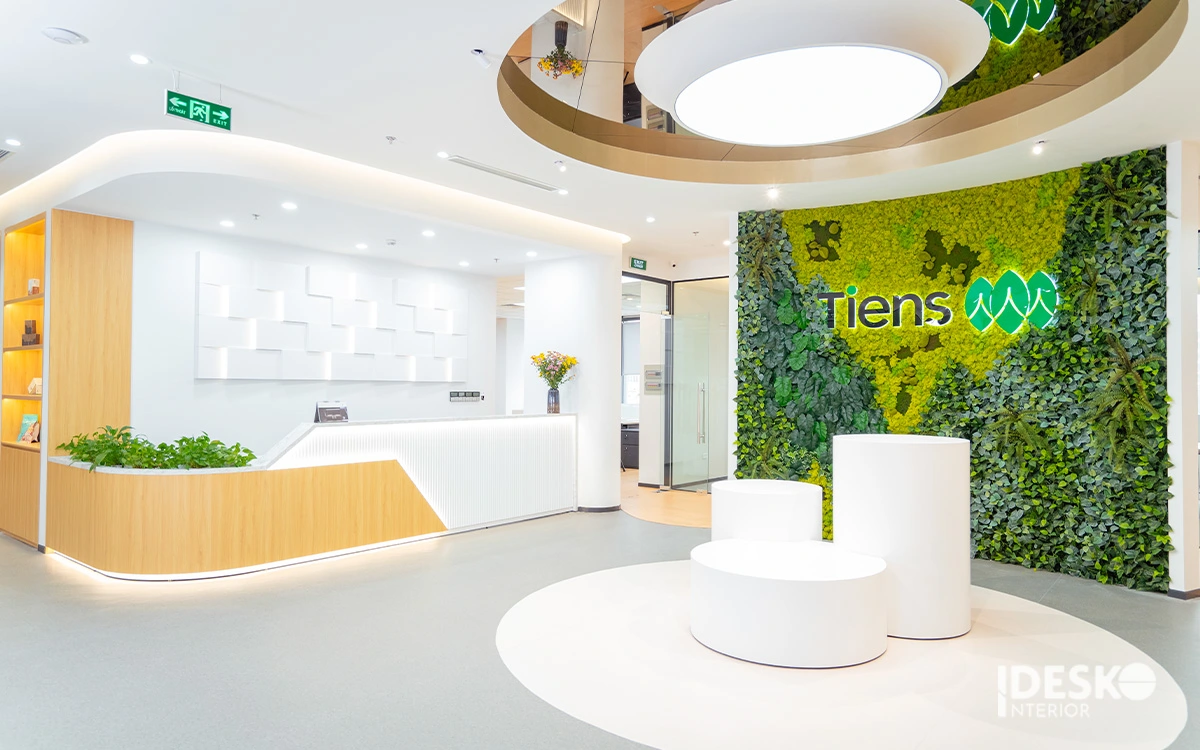 Sảnh lễ tân nổi bật với mảng tường xanh, quầy cong mềm mại và tổng thể sáng thoáng