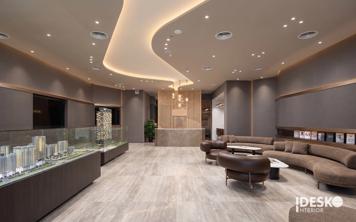 Khu vực sảnh lễ tân được thiết kế sang trọng với vật liệu đá cao cấp và hệ đèn trang trí tinh tế