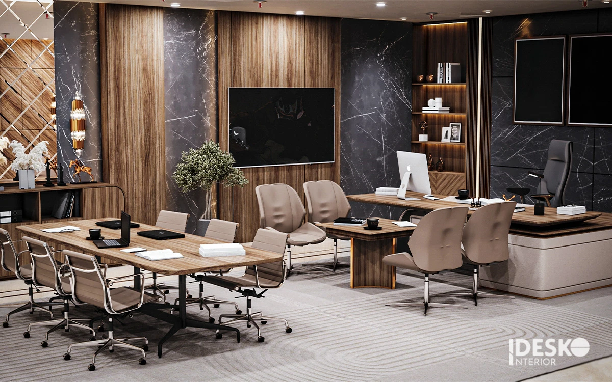 Không gian làm việc sang trọng với nội thất gỗ kết hợp vách kính hiện đại, mang lại vẻ đẹp chuyên nghiệp và quyền lực cho doanh nghiệp