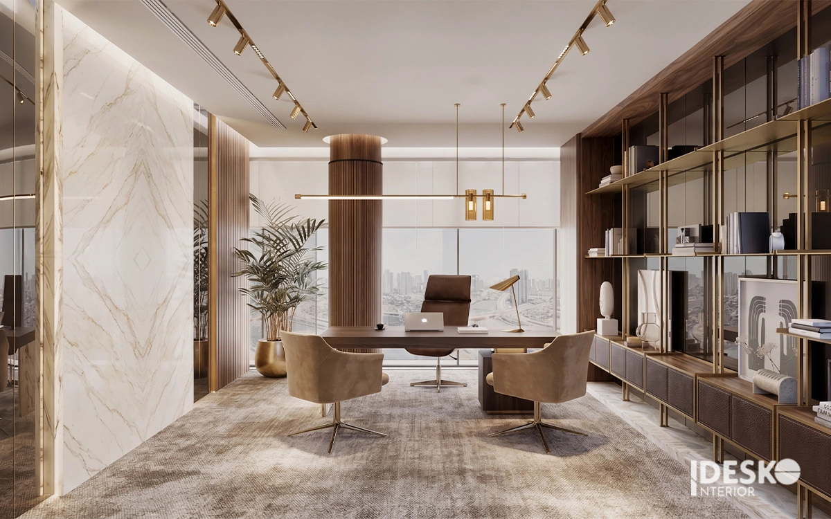 Thiết kế văn phòng cao cấp cho phòng lãnh đạo nổi bật với nội thất da và gỗ thượng hạng kết hợp hệ thống ánh sáng ấn tượng