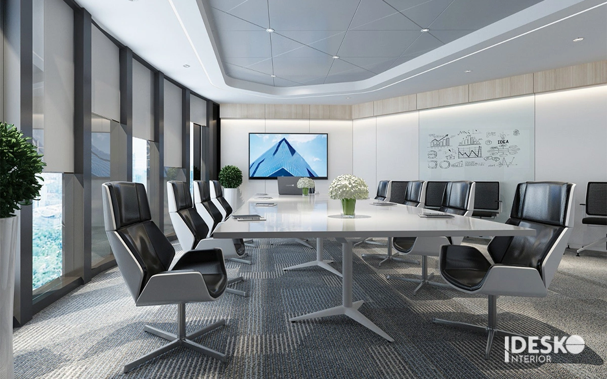 Thiết kế văn phòng thông minh với phòng họp hiện đại tích hợp màn hình tương tác và bảng viết kính tiện dụng