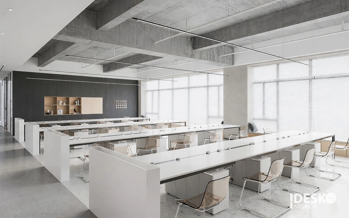 Sử dụng nội thất màu trắng và vật liệu kính giúp không gian trở nên rộng rãi và chuyên nghiệp hơn